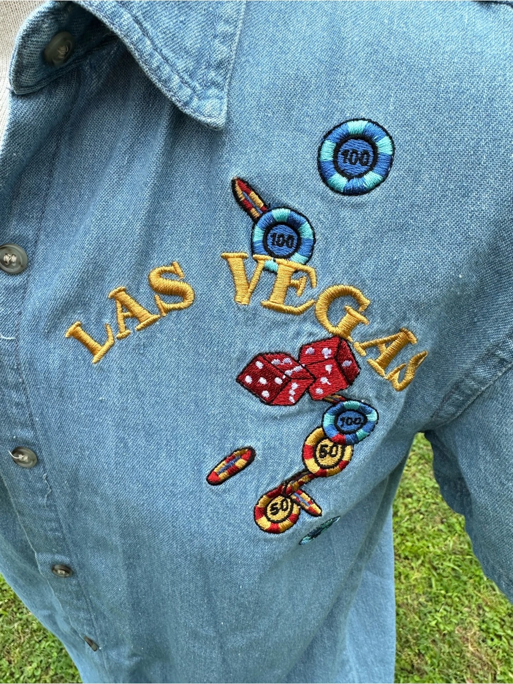 Vintage Las Vegas Embroidered Denim Button-Up Shirt | Size Small - Picture 2 of 5